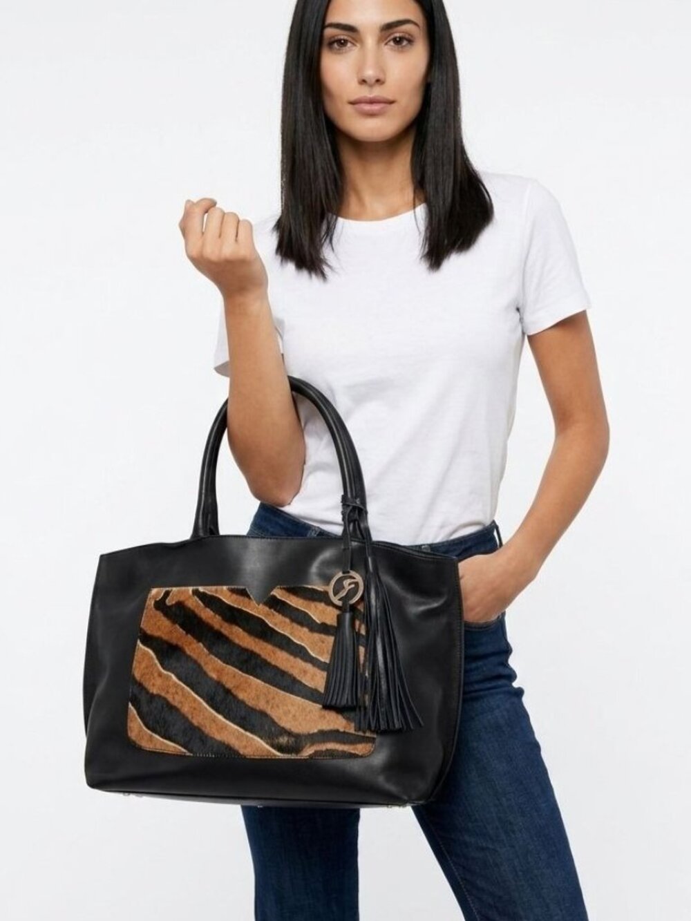 Varriale Italian Leather Calf Hair Tassel Tote Bag Black Animal Print